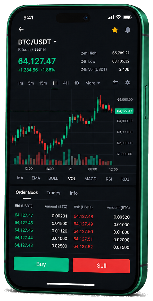 Svapoire trading platform on mobile — live BTC/USDT chart, order book, and buy/sell interface